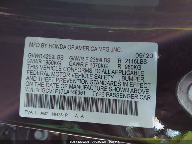 2020 Honda Accord Lx მანქანა იყიდება აუქციონზე, vin: 1HGCV1F17LA148361, აუქციონის ნომერი: 41276339
