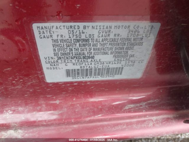 3N1CN7APXGL903940 Nissan Versa 1.6 Sl