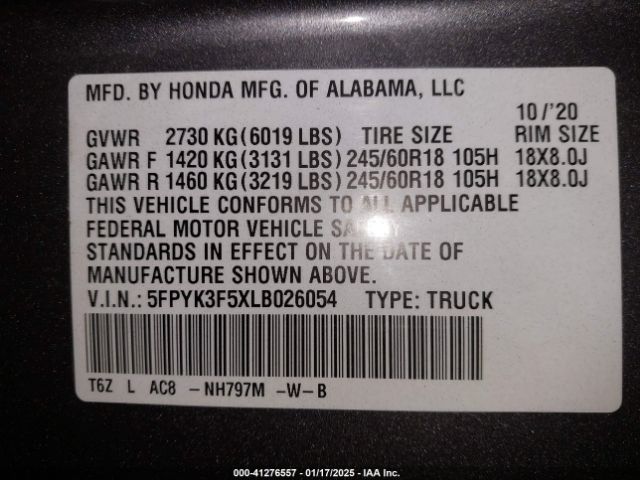 5FPYK3F5XLB026054 Honda Ridgeline Awd Rtl