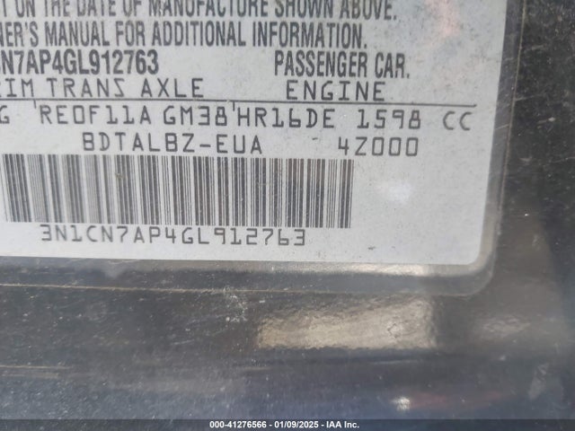 Продажа на аукционе авто 2016 Nissan Versa 1.6 Sv, vin: 3N1CN7AP4GL912763, номер лота: 41276566