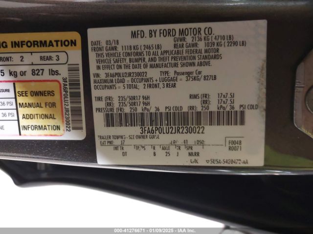3FA6P0LU2JR230022 Ford Fusion Hybrid Se