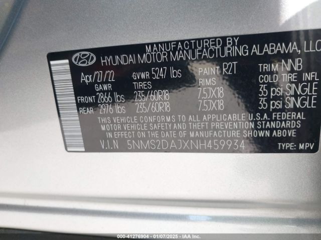 2022 HYUNDAI SANTA FE 5NMS2DAJXNH459934 Photo 8