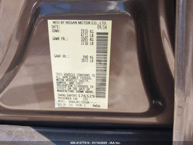 Nissan Altima 2.5 Sv 2015 1N4AL3AP3FC176529 Image 9