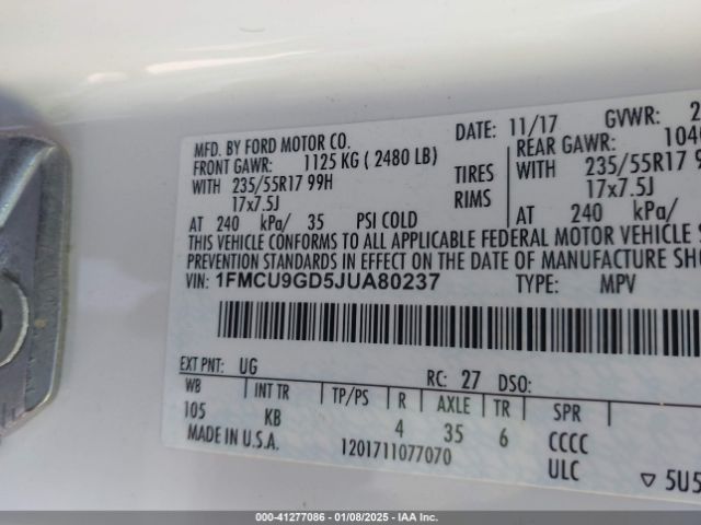 1FMCU9GD5JUA80237 Ford ESCAPE SE