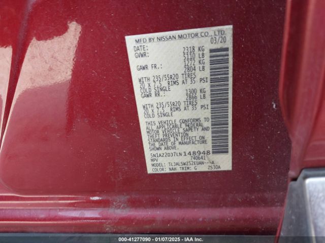 5N1AZ2DJ7LN148948 Nissan Murano Platinum Fwd