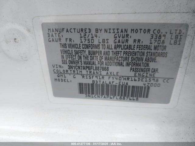 Nissan Versa 1.6 S 2015 3N1CN7AP6FL887668 Image 9