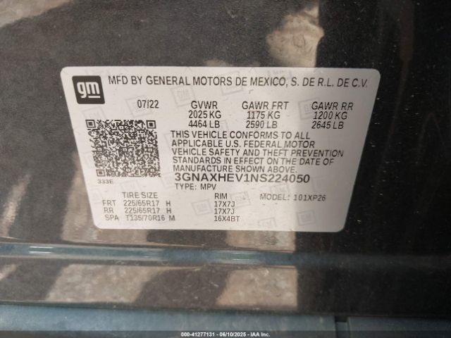 3GNAXHEV1NS224050 Chevrolet Equinox Fwd Ls