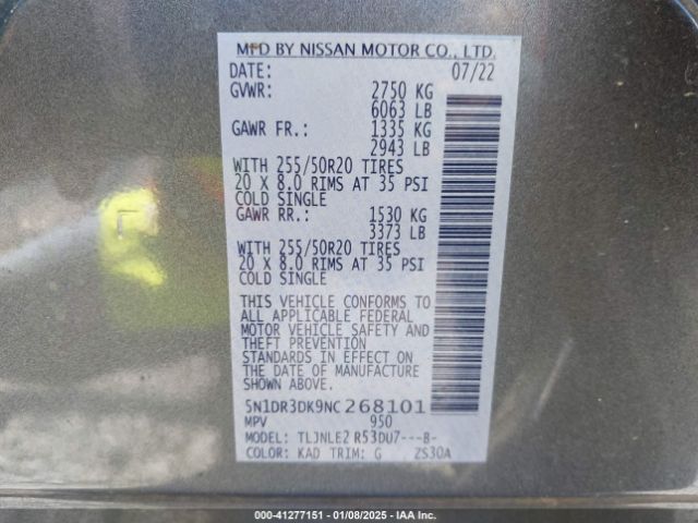 5N1DR3DK9NC268101 Nissan Pathfinder Platinum 4wd