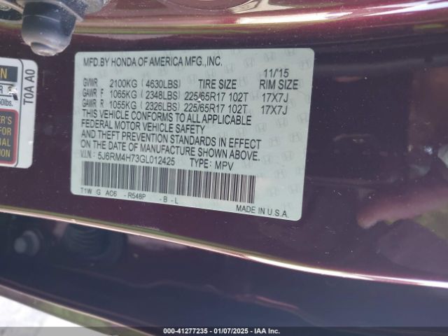 5J6RM4H73GL012425 Honda Cr-v Ex-l