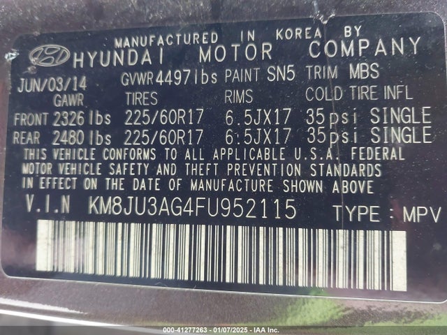 Hyundai TUCSON SE 2015 KM8JU3AG4FU952115 Image 9