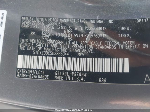 5TDYZ3DC5HS865344 Toyota Sienna Xle 8 Passenger