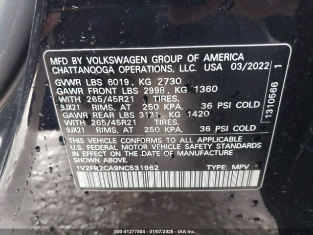 1V2FR2CA9NC531962 Volkswagen Atlas 3.6l V6 Sel Premium R-line