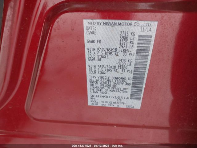 5N1AR2MM3FC616314 Nissan Pathfinder Sl