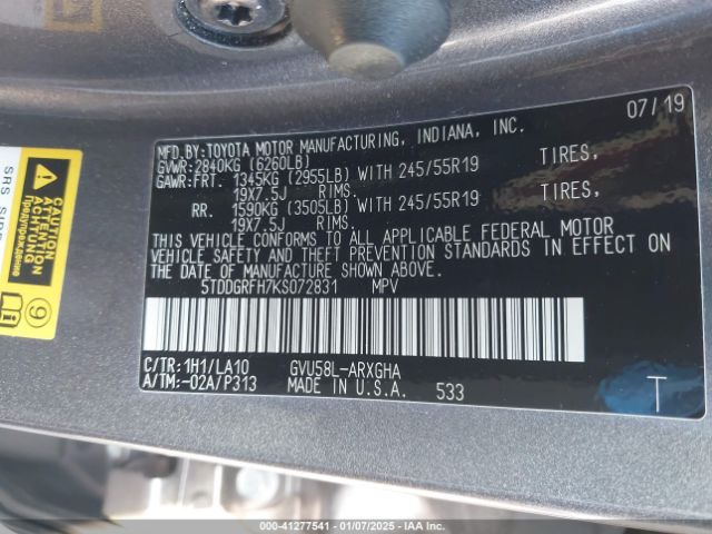 5TDDGRFH7KS072831 Toyota Highlander Hybrid Limited Platinum