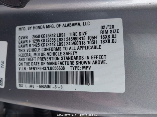 5FNYF6H37LB056638 Honda Pilot Awd Ex