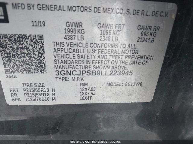3GNCJPSB9LL223945 Chevrolet Trax Awd Lt