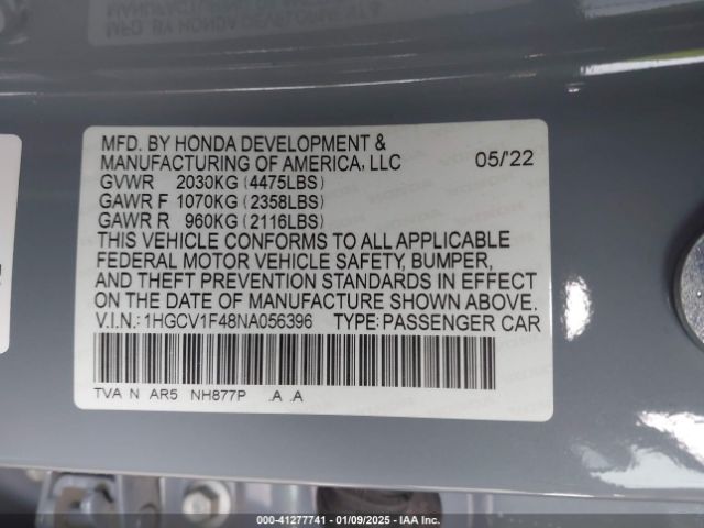 1HGCV1F48NA056396 Honda Accord Sport Se
