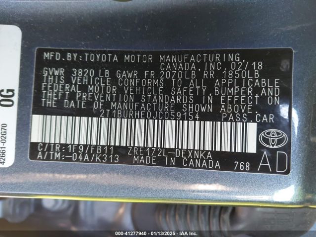 2T1BURHE0JC059154 Toyota COROLLA LE
