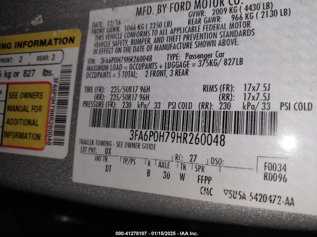 Ford FUSION SE 2017 3FA6P0H79HR260048 Image 9