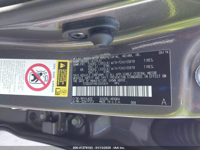 5TDDCRFH8ES005834 Toyota Highlander Hybrid Limited Platinum V6