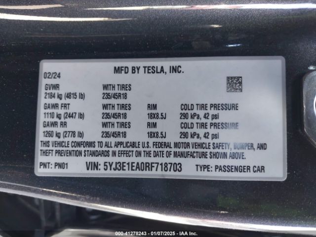 5YJ3E1EA0RF718703 Tesla Model 3 Long Range Dual Motor All-wheel Drive/rear-wheel Drive