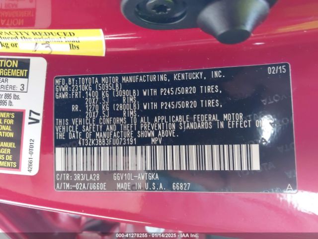 4T3ZK3BB3FU073191 Toyota Venza Le/xle/limited