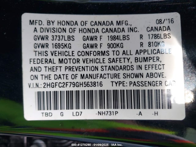 Honda CIVIC EX 2016 2HGFC2F79GH563816 Image 9