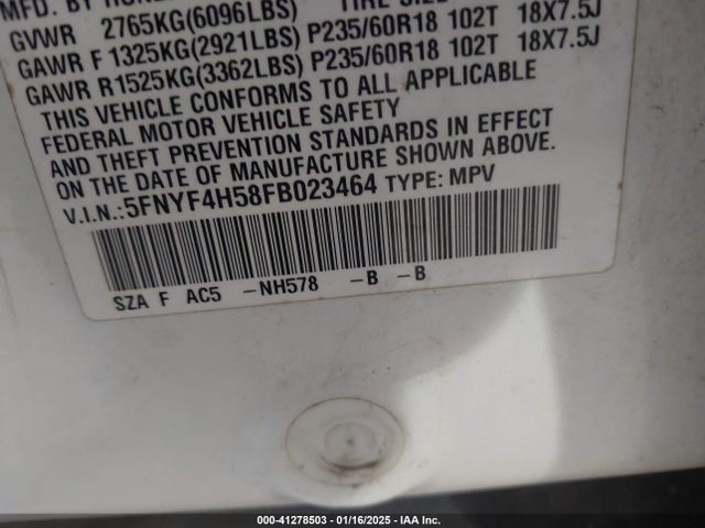 Honda Pilot Ex-l 2015 5FNYF4H58FB023464 Image 9