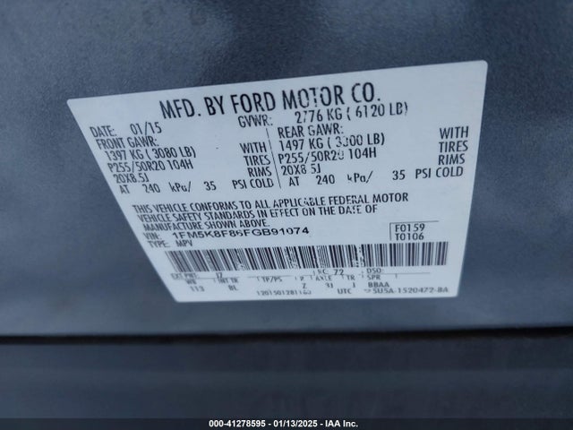 Ford Explorer Limited 2015 1FM5K8F86FGB91074 Image 9