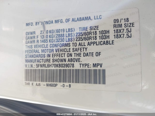 5FNRL6H70KB039078 Honda Odyssey Ex-l