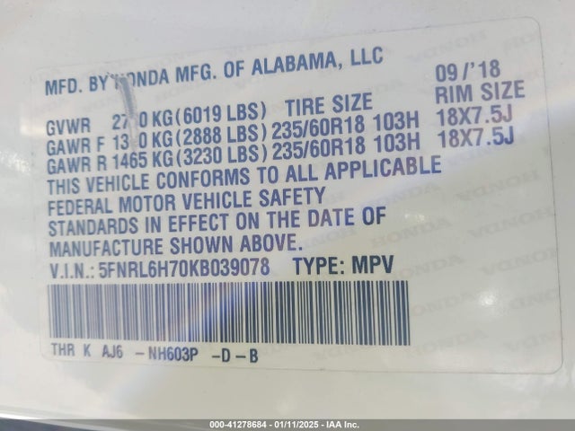 5FNRL6H70KB039078 Honda Odyssey Ex-l