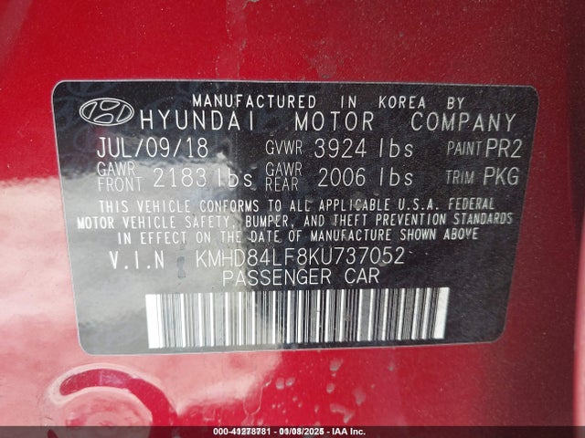 KMHD84LF8KU737052 Hyundai mpi nu