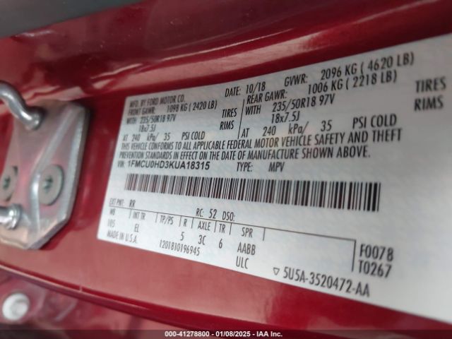 1FMCU0HD3KUA18315 Ford ESCAPE SEL