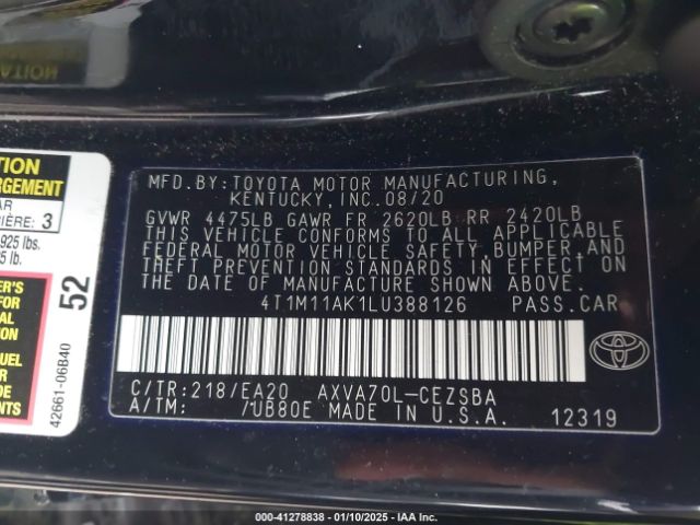 2020 TOYOTA CAMRY 4T1M11AK1LU388126 Photo 8