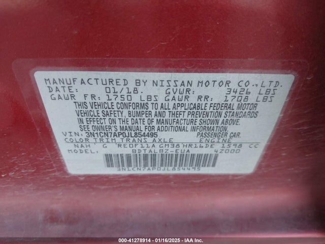 3N1CN7AP0JL854495 Nissan Versa 1.6 Sv