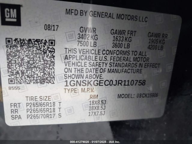 1GNSKGEC0JR110758 Chevrolet Suburban Ls