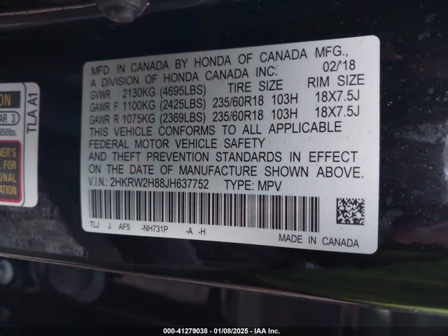 2HKRW2H88JH637752 Honda Cr-v Ex-l/ex-l Navi