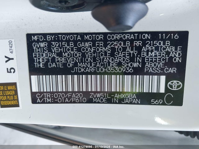 JTDKARFU0H3530936 Toyota Prius Three