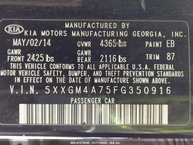 5XXGM4A75FG350916 KIA Optima Lx