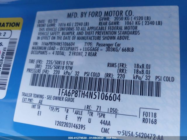 1FA6P8TH4N5106604 Ford Mustang Ecoboost Premium Fastback