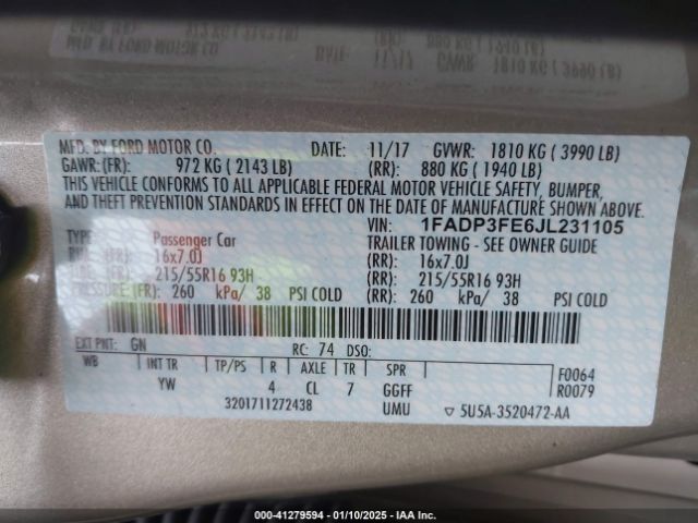 1FADP3FE6JL231105 Ford FOCUS SE
