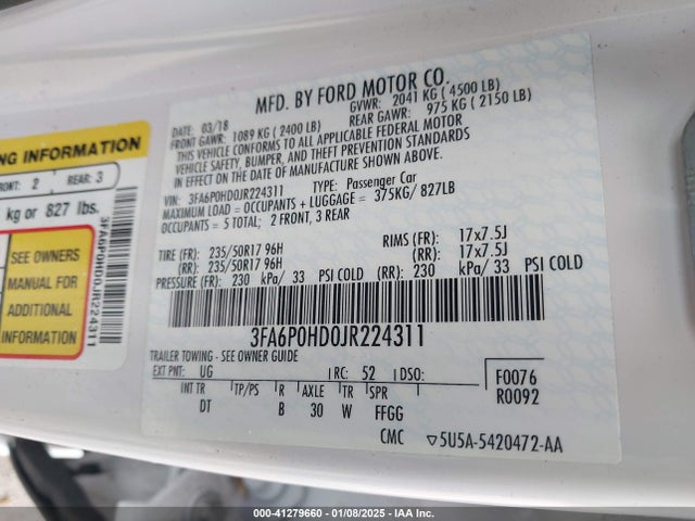 Ford FUSION SE 2018 3FA6P0HD0JR224311 Image 9