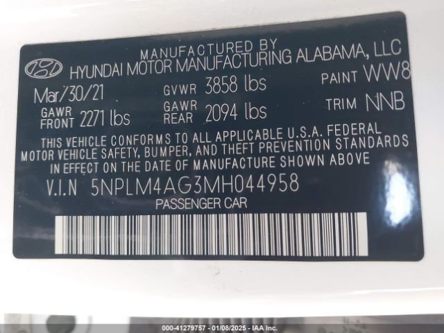 5NPLM4AG3MH044958 Hyundai ELANTRA SEL