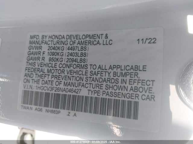 1HGCV3F26NA046427 Honda Accord Hybrid Sport