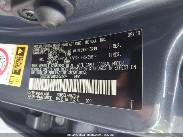 5TDYZRFH8KS353824 Toyota Highlander Limited
