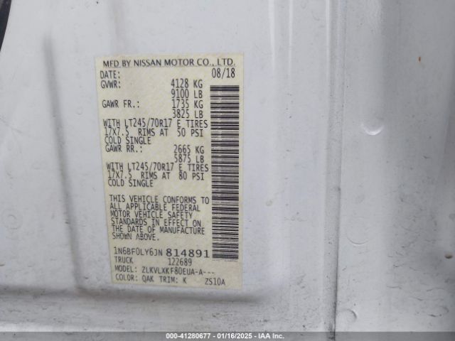1N6BF0LY6JN814891 Nissan Nv Cargo Nv2500 Hd Sv V6