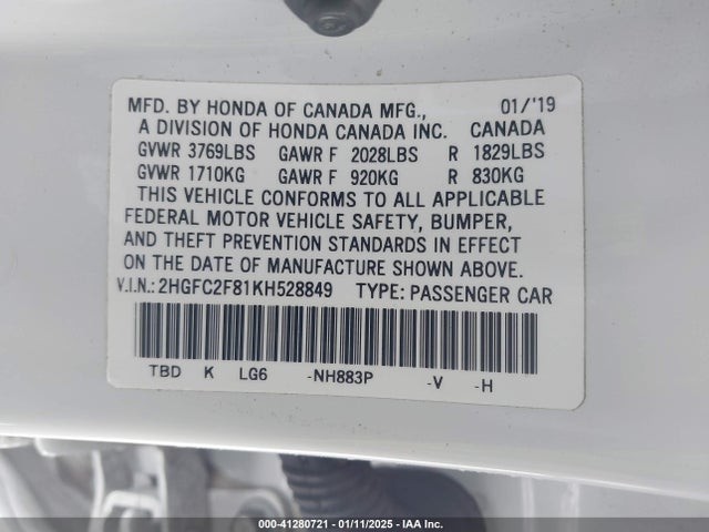 2HGFC2F81KH528849 Honda Civic Sport