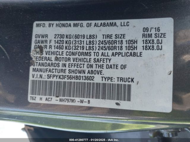 5FPYK3F56HB013602 Honda Ridgeline Rtl