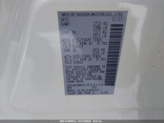 5N1AR2MM3EC653720 Nissan Pathfinder Platinum