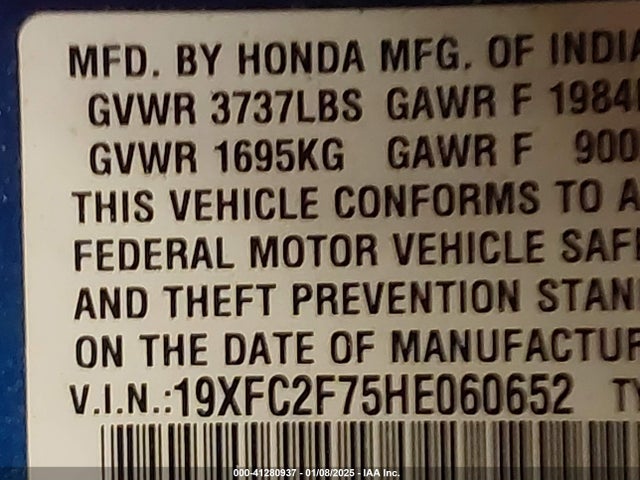 Honda CIVIC EX 2017 19XFC2F75HE060652 Image 9